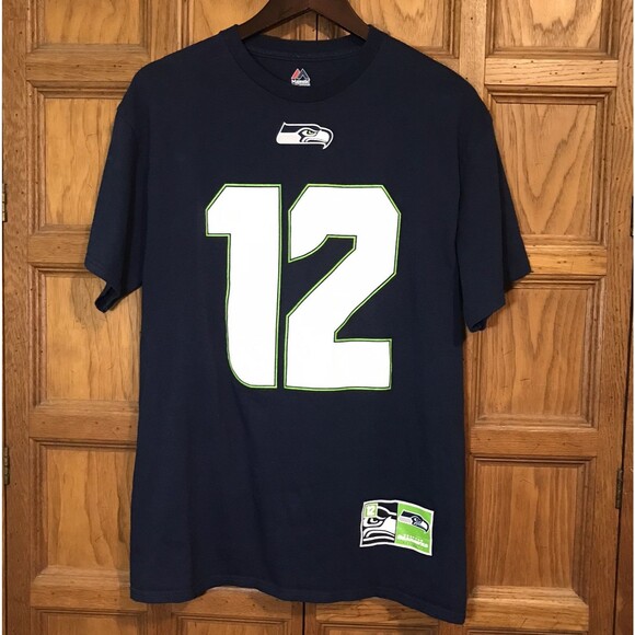 Seattle Seahawks NFL Navy Blue 12th Player FAN Adult Lg. Majestic Brand T Shirt - Picture 3 of 12